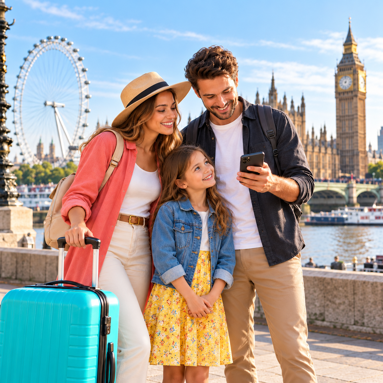 Family travelling in London with a suitcase, a smartphone, Big Ben and the London Eye